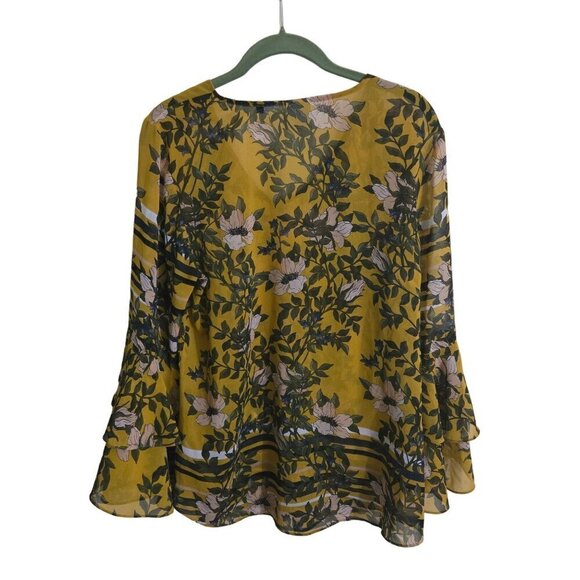 Cabi Spring Scene Mustard Floral Bell Sleeve Sheer Blouse Size M - Picture 3 of 7